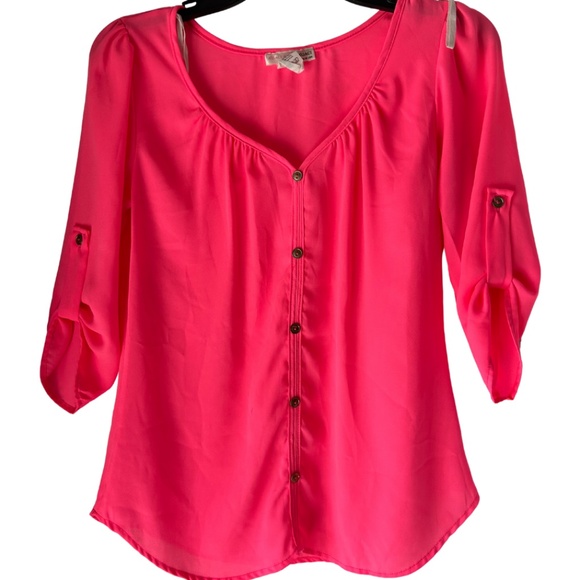 Dark Salmon V-Neck Top with Button Details, Agaci, Size Small - Picture 1 of 3
